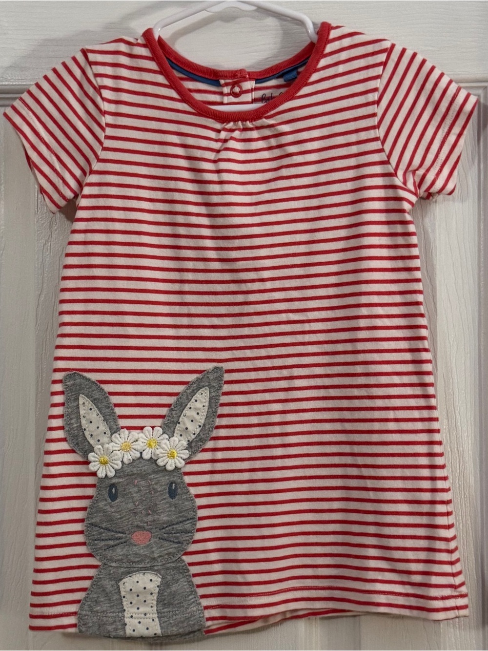 Mini Boden Baby Girl Red & White Striped Tee with Gray Bunny Appliqué